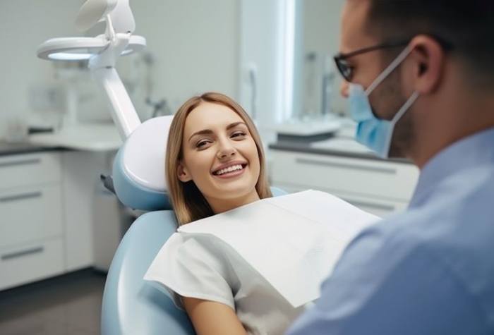 Happy dental patient smiling in treatment chair